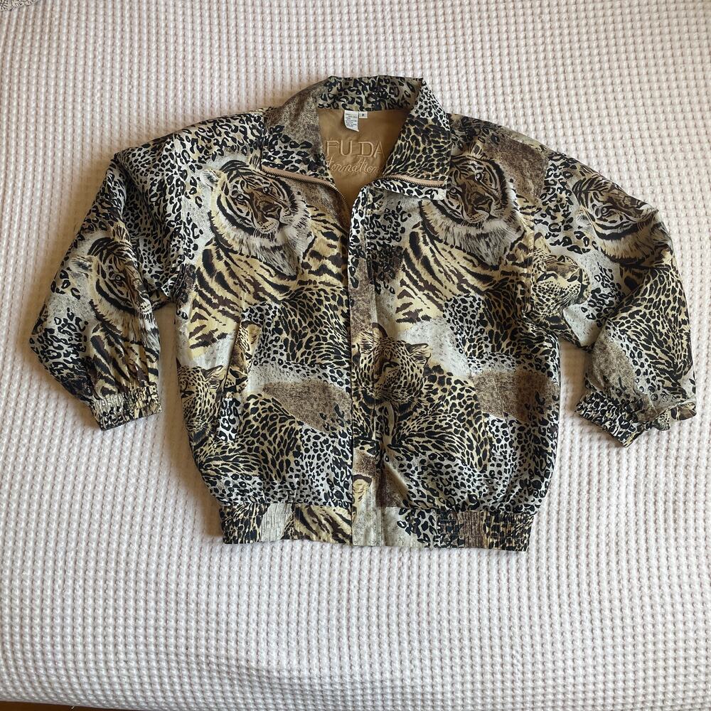 Amazing Fuda vintage wildcat print silk bomber jacket size P